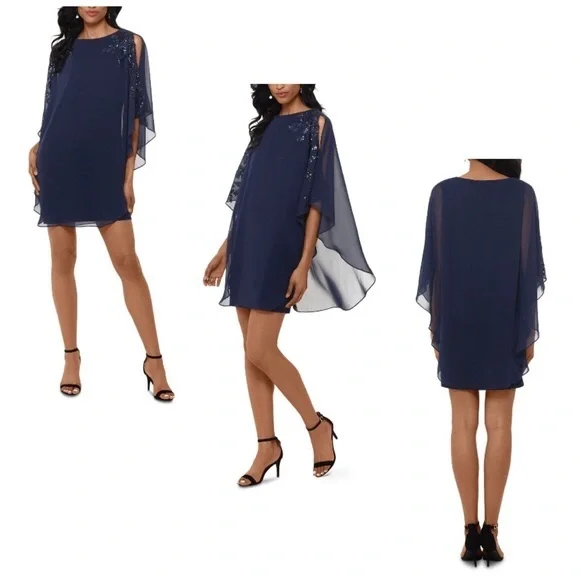 NWT XScape Chiffon Overlay Beaded Sleeve Cocktail Dress Size 16 Navy - Picture 2 of 11